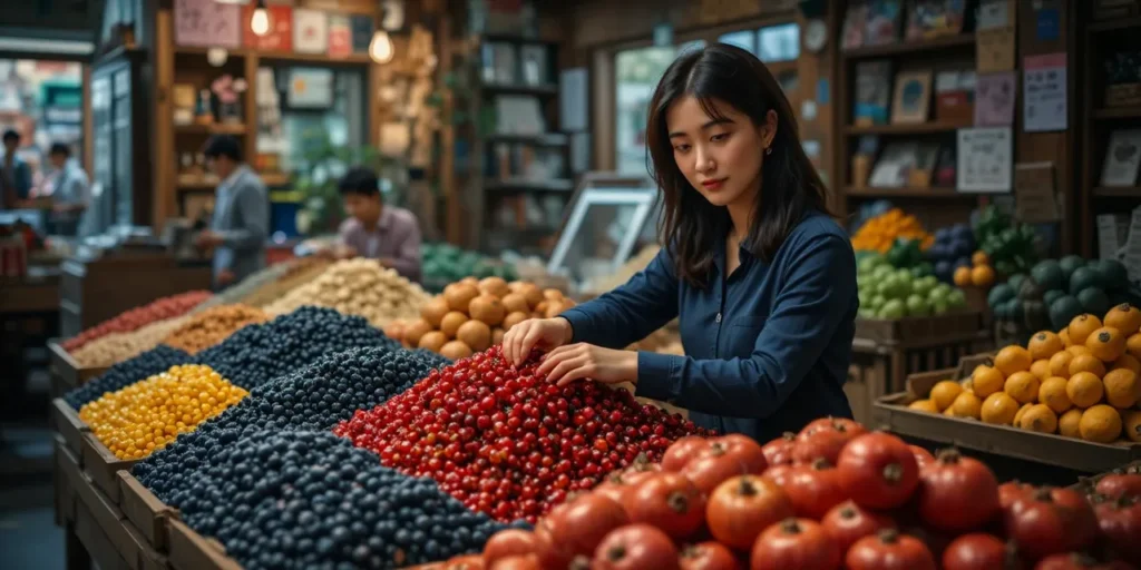 항산화 과일을 고르는 여성의 식재료 선택 모습