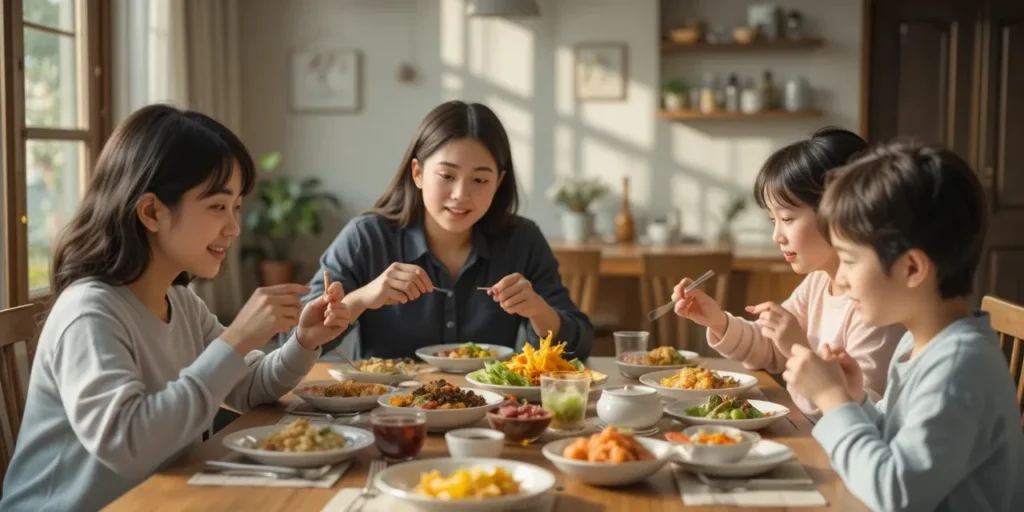 항산화 식단으로 저녁을 즐기는 가족의 식사 모습