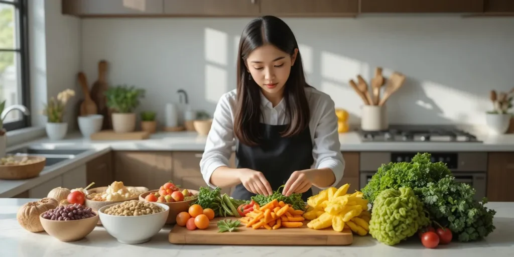 항산화 식재료를 색깔별로 분류하는 여성의 구성 모습