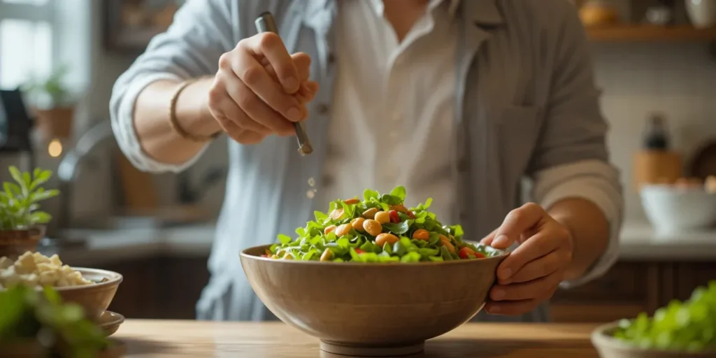 잎채소 샐러드를 준비하는 남성의 항산화 요리 모습