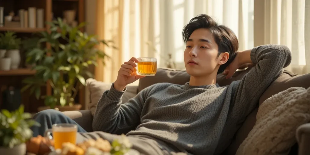 식사 후 허브티로 휴식하는 남성의 편안한 모습
