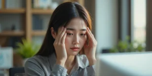 모니터 앞에서 눈을 비비며 피로를 느끼는 직장인의 모습