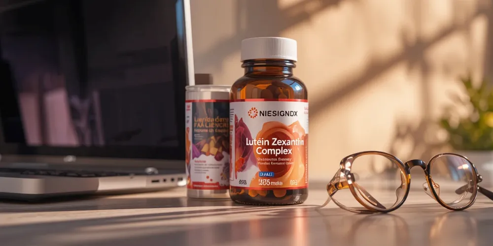 시야 보호를 위한 복합 영양제가 노트북 옆에 놓인 모습