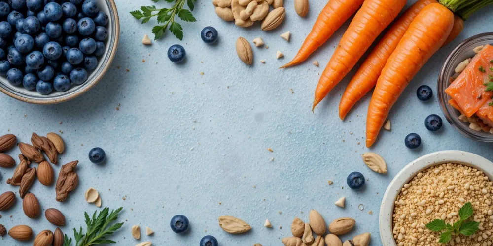 블루베리와 연어, 당근 등 눈 건강에 좋은 식단의 모습