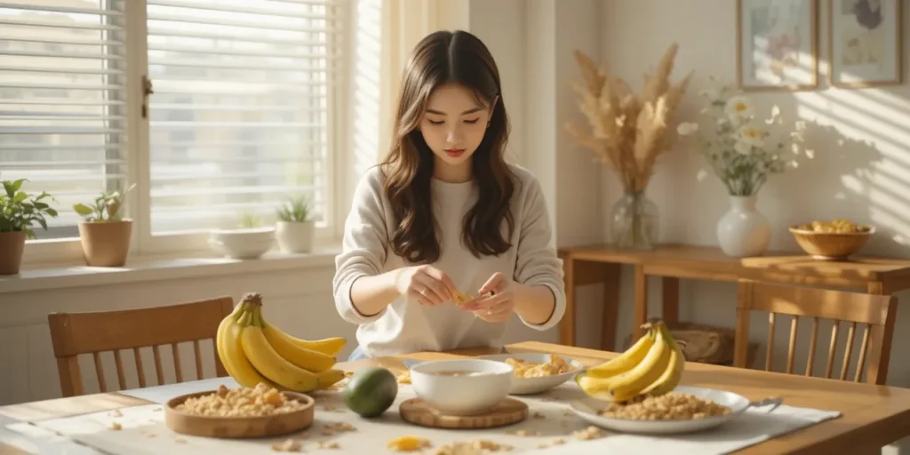 바나나와 귀리를 식탁에 올리는 모습