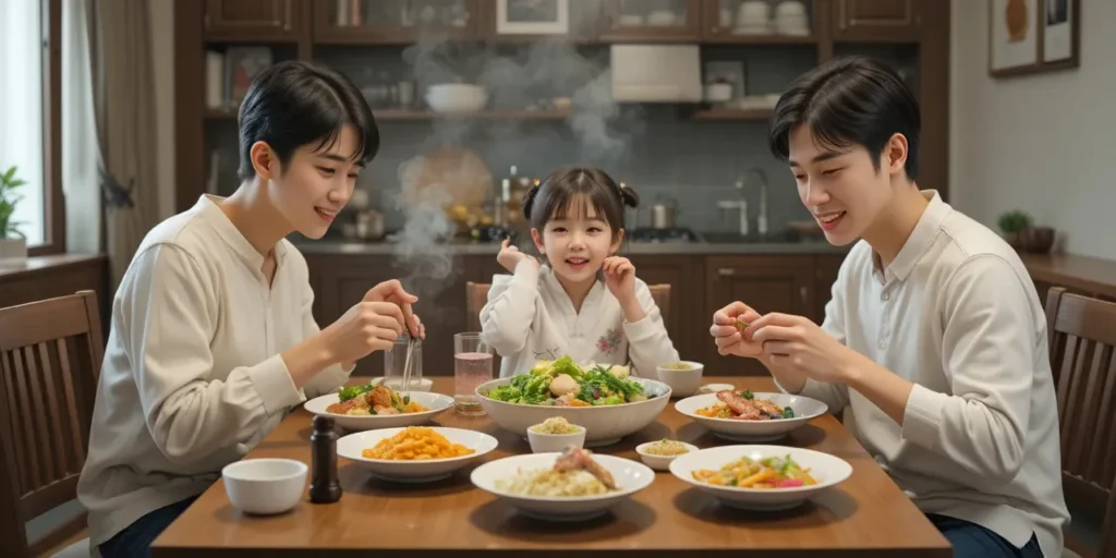 채소와 생선이 포함된 고혈압 예방 식단의 식사 장면