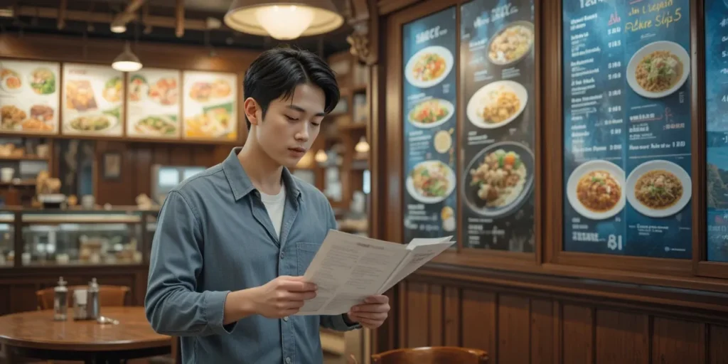 고혈압 환자를 위한 외식 메뉴를 살펴보는 모습