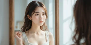 거울 앞에서 머리카락을 살피는 여성의 모습