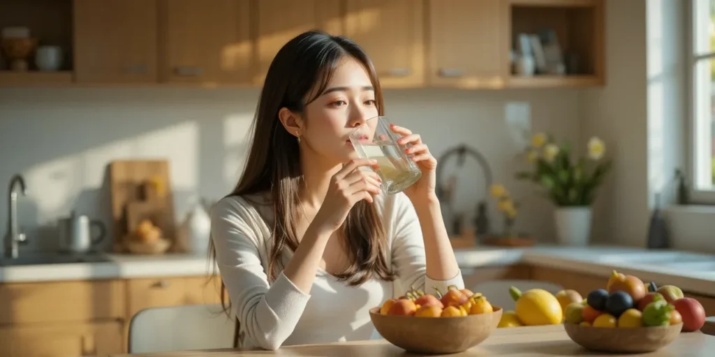 물과 식이섬유 과일을 챙기는 여성의 변비 관리 모습