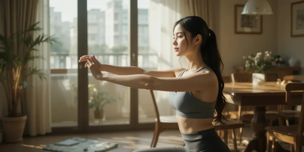 의자 옆에서 가벼운 스트레칭을 하는 여성의 관리 모습