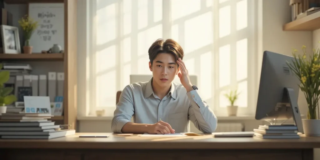 업무 중 앉은 자세에서 불편함을 느끼는 남성의 모습