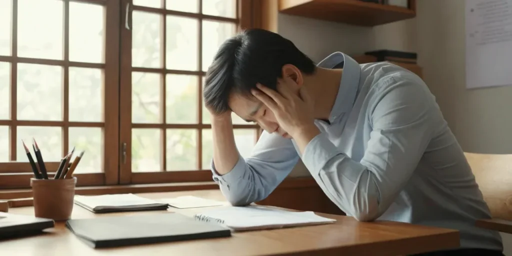 책상 앞에서 머리의 무거움을 체크하는 모습