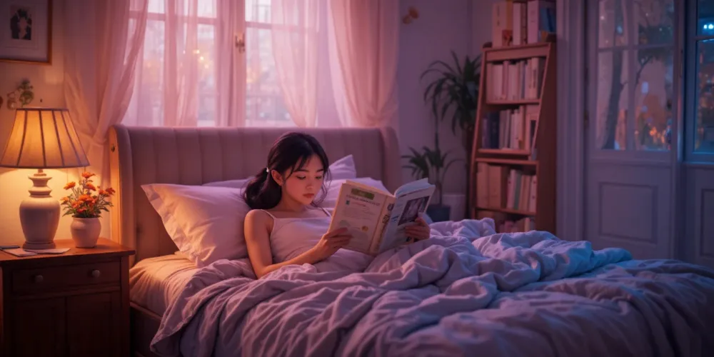 따뜻한 조명 아래에서 평온하게 잠드는 침실 모습