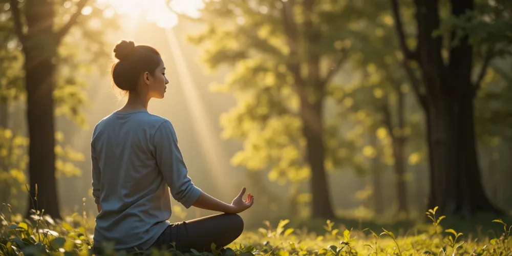 숲속에서 명상하며 스트레스를 완화하는 모습