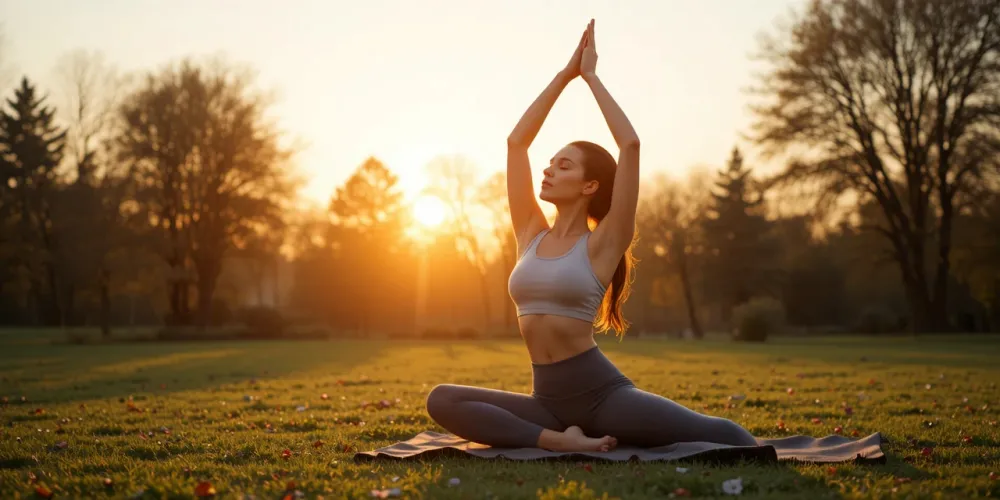 아침 공기 속에서 요가와 스트레칭을 하는 모습