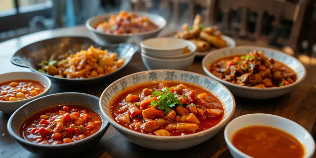 매운 자극 음식들이 한 상에 놓인 모습