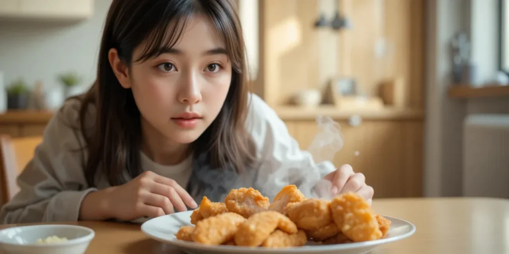 기름지고 튀긴 음식을 바라보는 여성 모습