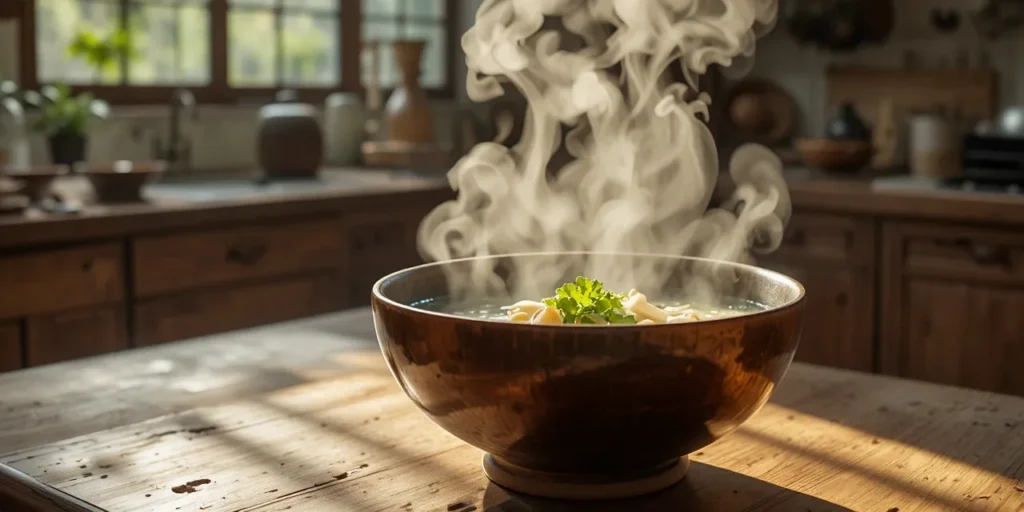 뜨겁게 김이 나는 국물 요리 모습