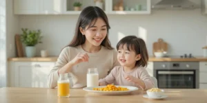 아침 식탁에서 비타민과 우유를 함께 챙기는 엄마와 아이의 건강한 식습관 모습