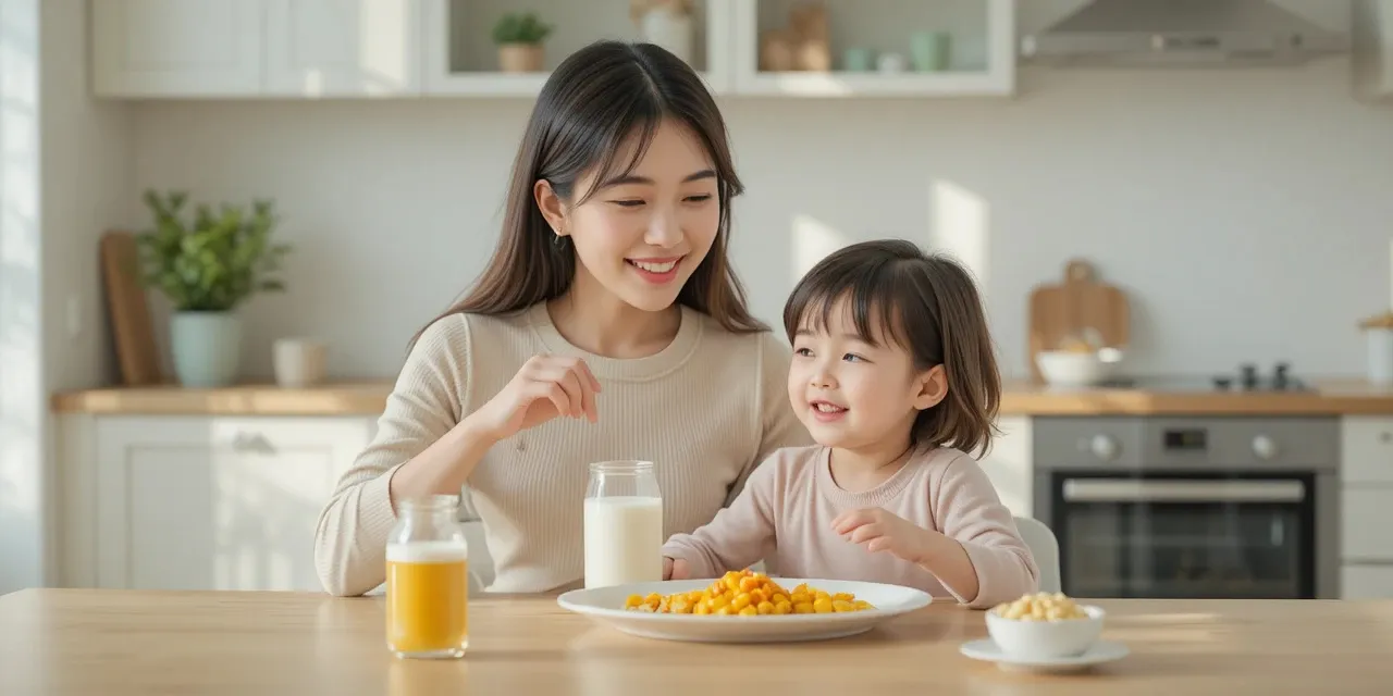 아침 식탁에서 비타민과 우유를 함께 챙기는 엄마와 아이의 건강한 식습관 모습