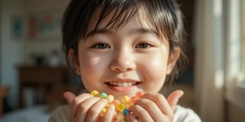 비타민 알약을 손에 쥐고 웃고 있는 아이의 밝은 미소 모습