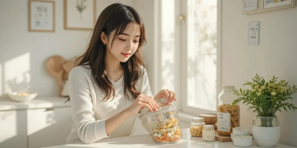 주간 영양제 케이스에 비타민을 정리하는 엄마의 모습