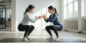 트레이너가 정확한 스쿼트 자세를 안내하는 물리치료 장면 모습