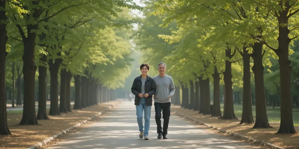 공원에서 천천히 걷는 중장년 부부의 건강한 산책 모습
