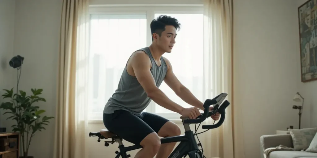 실내 자전거로 운동하는 남성의 집중된 트레이닝 모습