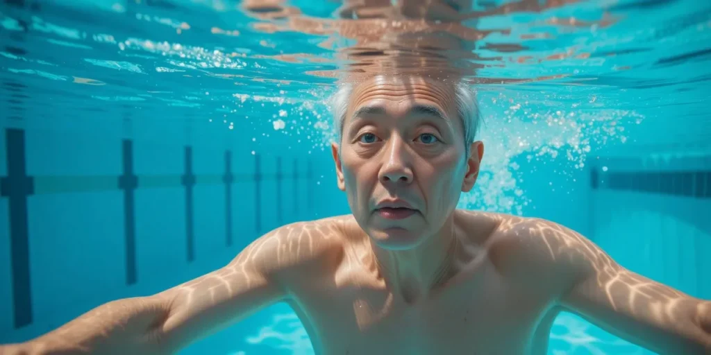 수중 걷기 운동을 하는 남성의 부드러운 물속 재활운동 모습