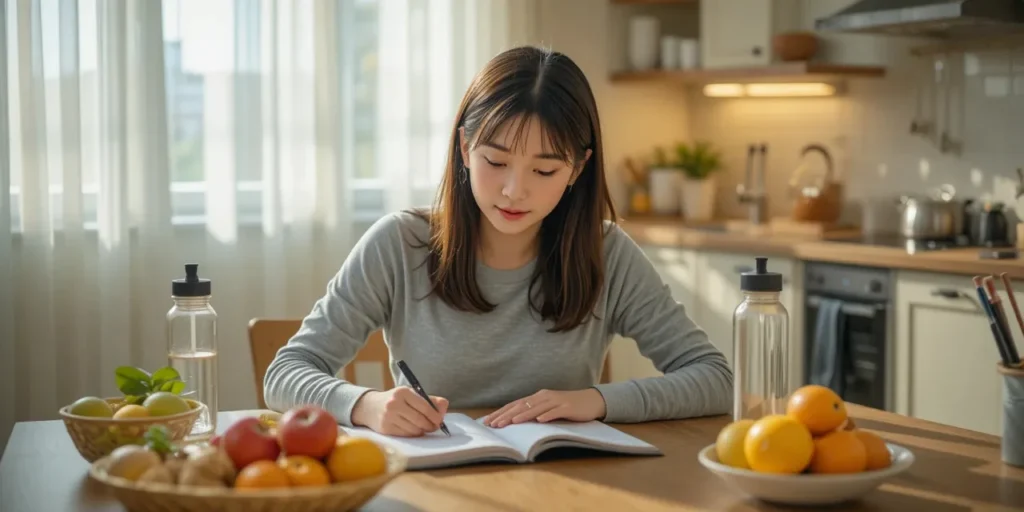 노트에 운동 계획을 세우는 여성의 건강한 생활관리 모습