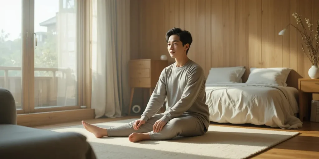 아침에 무릎이 뻣뻣해 스트레칭을 하는 모습