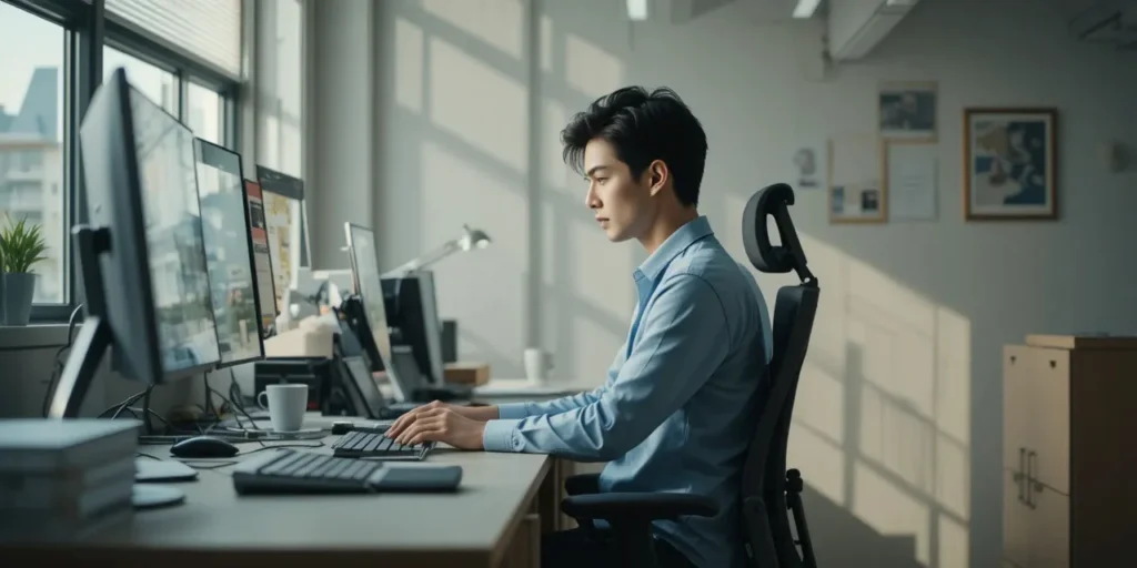 오랜 시간 앉은 자세로 관절에 부담이 쌓인 모습