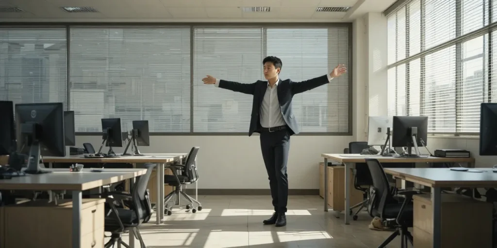 장시간 앉은 후 일어나 가볍게 스트레칭하는 모습