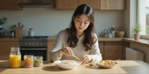 오트밀과 과일, 달걀로 구성된 아침 식탁을 준비하는 여성의 모습