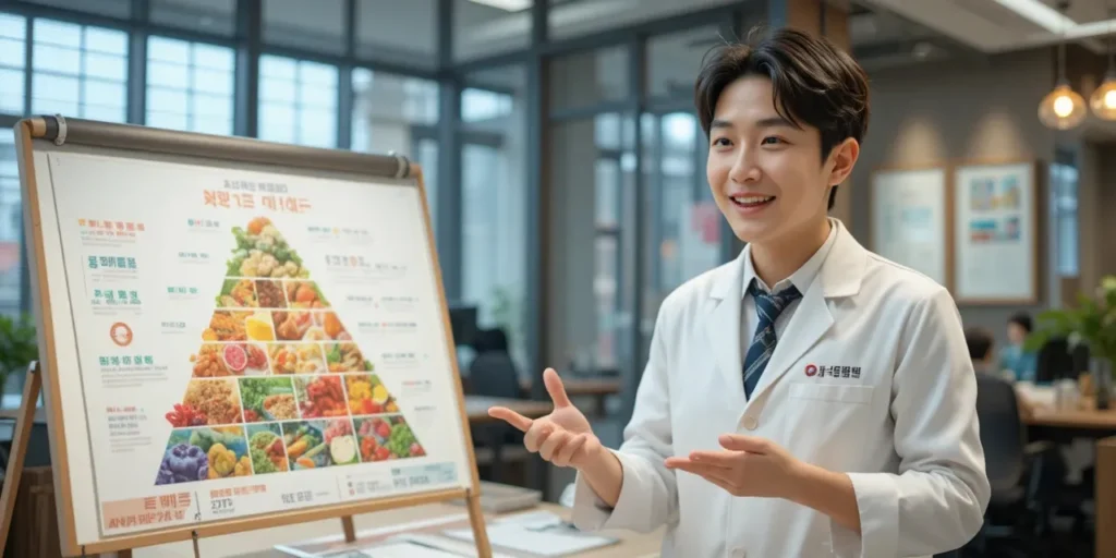 영양사가 체중 조절에 좋은 음식 원리를 설명하는 장면