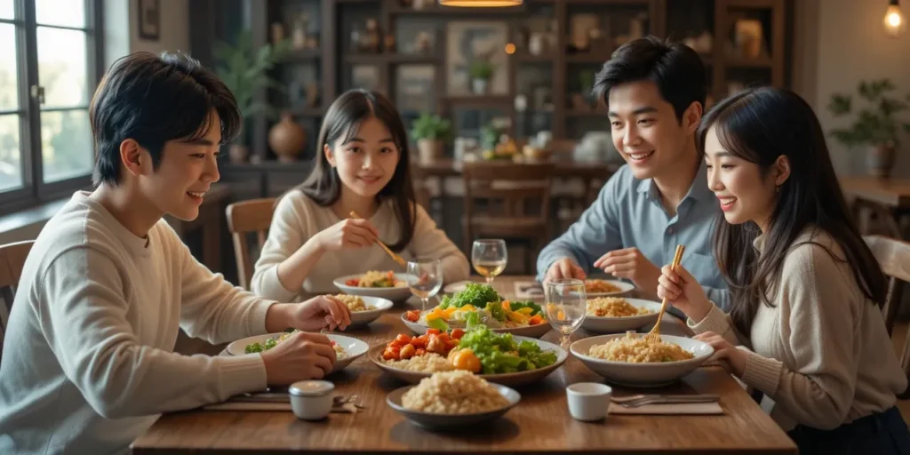 가족이 식탁에 둘러앉아 균형 잡힌 비만 예방 식단을 즐기는 저녁 식사 모습