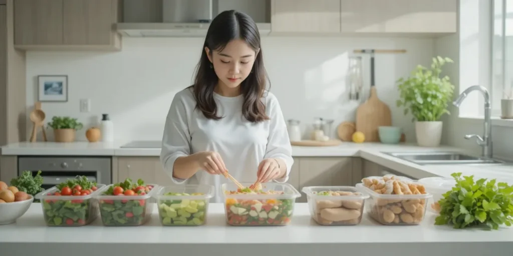 주방에서 닭가슴살 샐러드를 밀프rep 용기로 담는 한국 여성의 준비 모습