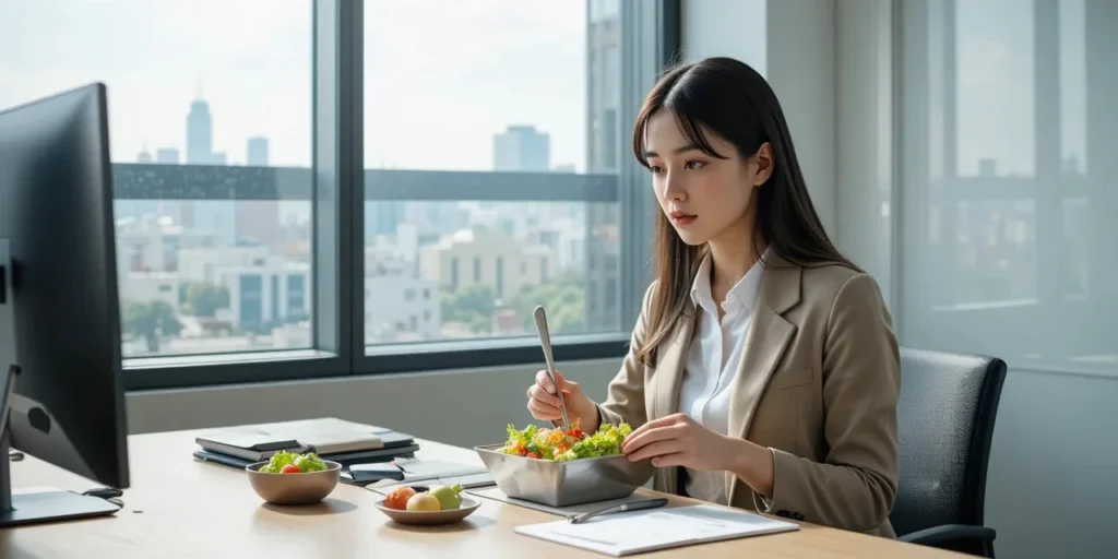 점심시간에 책상 위에서 샐러드를 먹는 직장인의 체중 관리 식단 모습