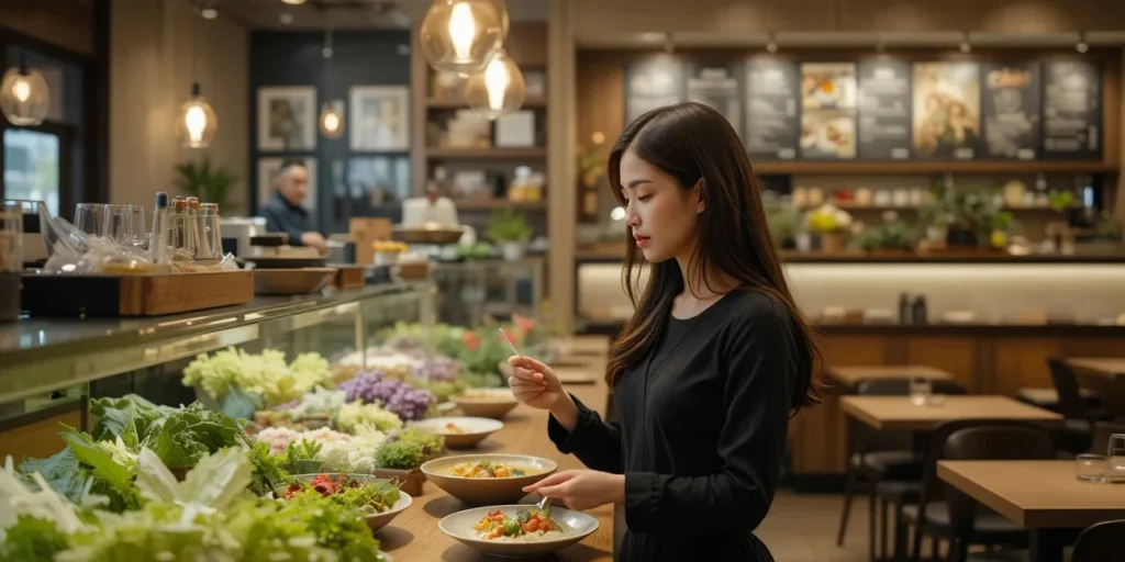식당에서 식물성 식단을 고르는 한국 여성의 건강한 외식 선택 모습