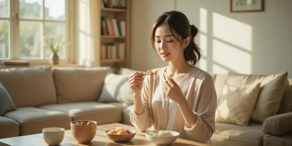 차분한 오후 빛 속에서 천천히 식사하는 한국 여성의 마인드풀 이팅 모습