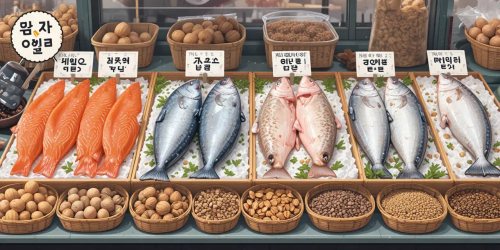 연어와 고등어, 참치 그리고 호두와 아마씨가 함께 진열된 오메가3 풍부한 음식 시장모습