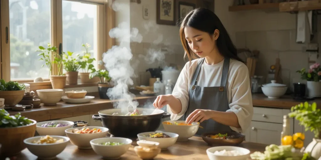 부드러운 채소 요리를 준비하는 여성의 건강한 식단 구성 모습