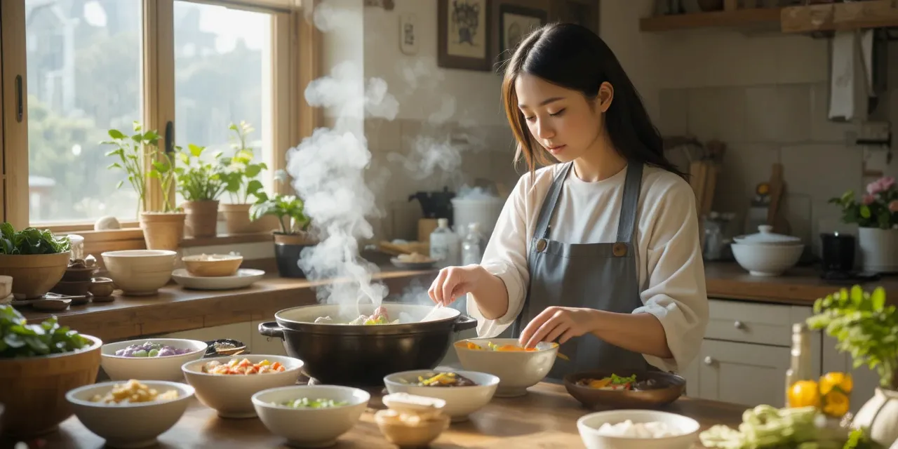 부드러운 채소 요리를 준비하는 여성의 건강한 식단 구성 모습