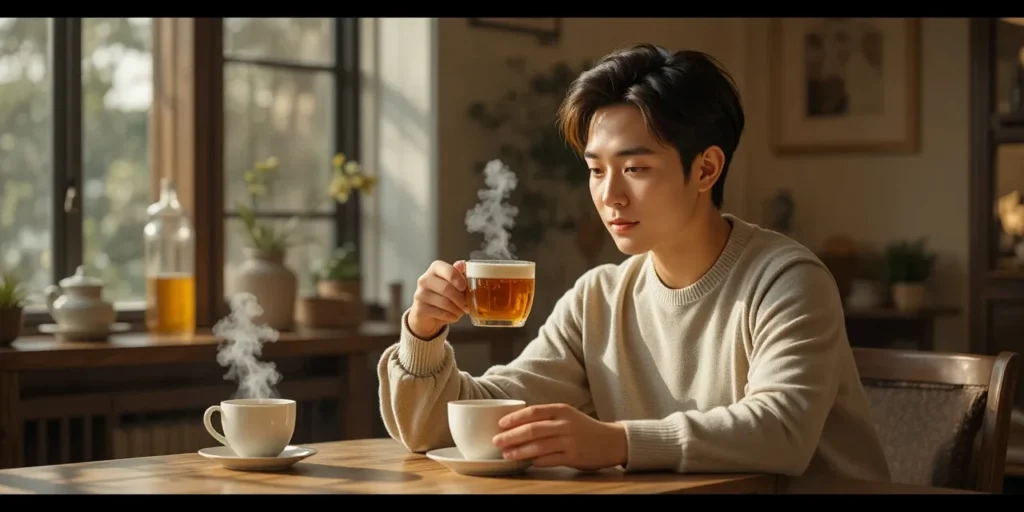 따뜻한 허브티로 속을 달래는 남성의 편안한 휴식 모습