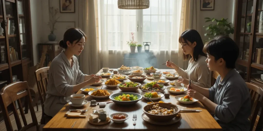 온화한 집밥을 먹는 가족의 건강한 식사 시간 모습