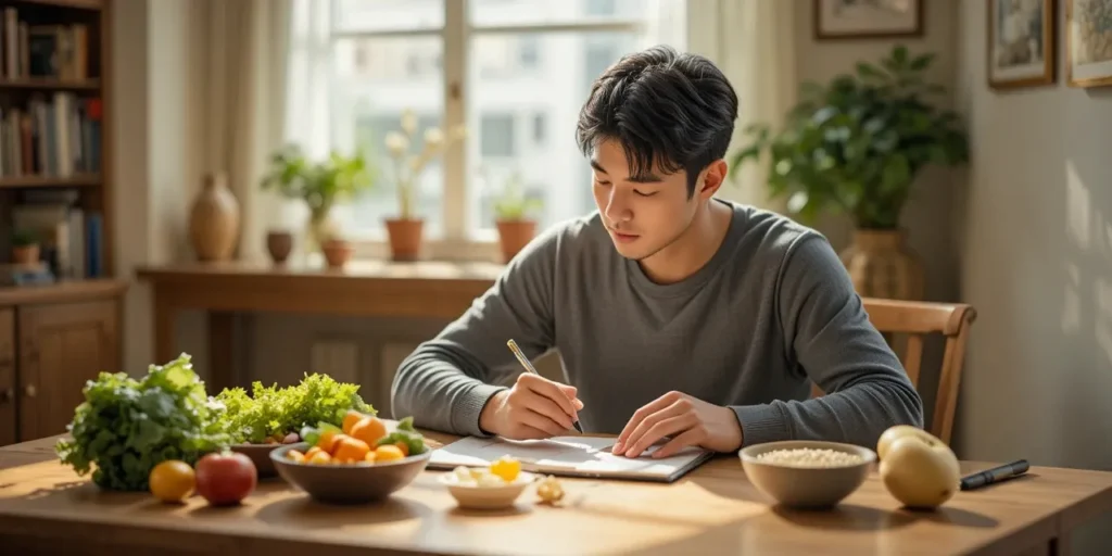 하루 식단을 정리하며 꾸준한 조절을 실천하는 기록 모습