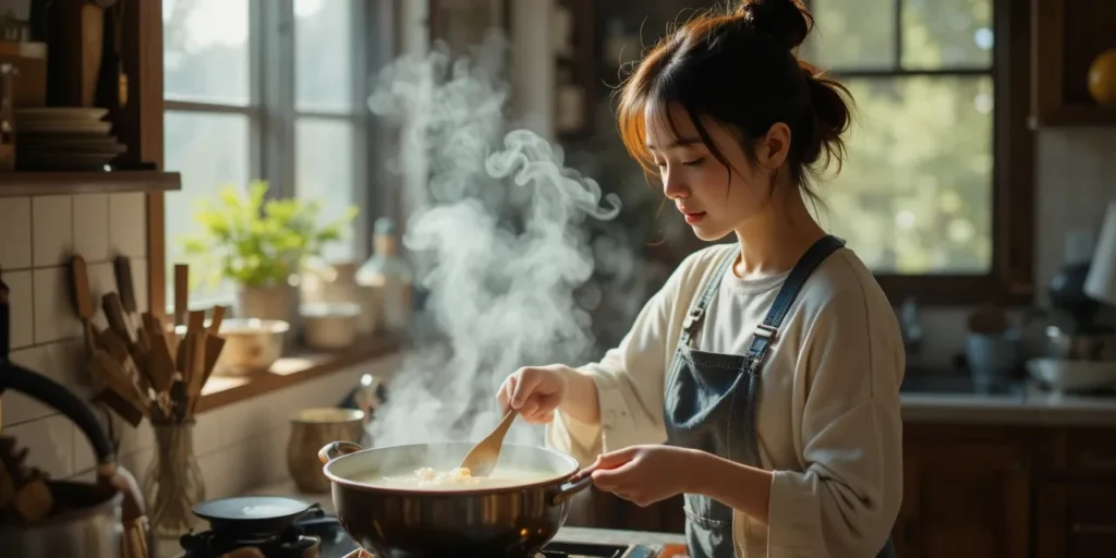 위에 부담 없는 따뜻한 국물 요리를 정성스럽게 끓이는 모습