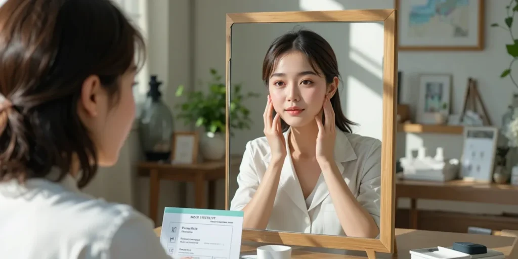거울로 피부 변화를 확인하는 모습