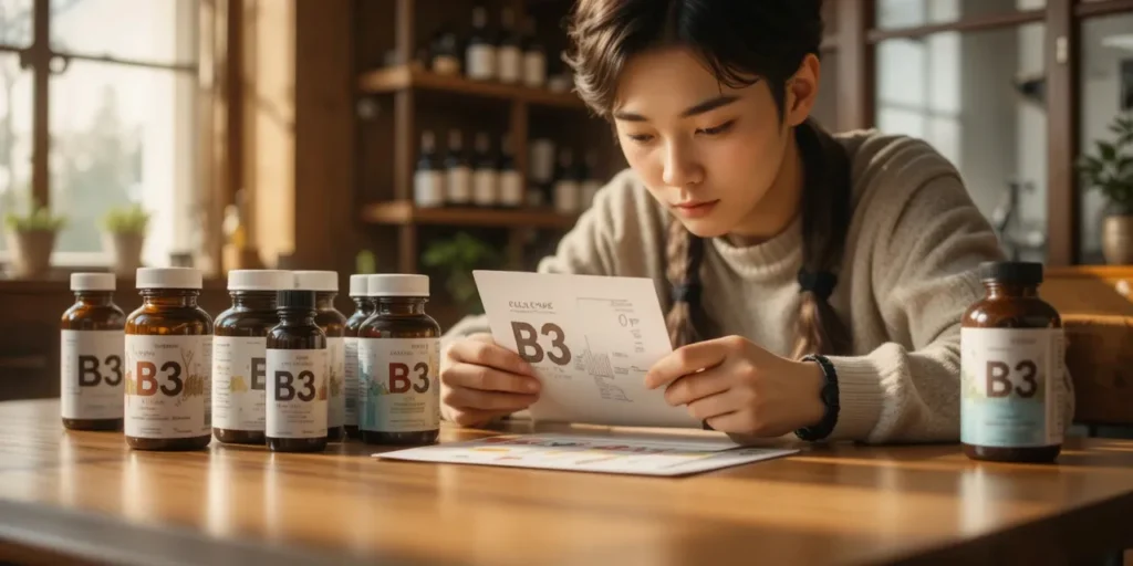 비타민 보충제 라벨을 비교하는 모습